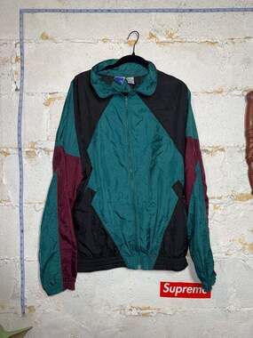 Vintage Bike Colorblock Windbreaker Jacket Teal Black Maroon Size Medium